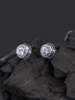 Fabula - Silver Tone Round Cubic Zirconia Solitaire Ear Stud Earring