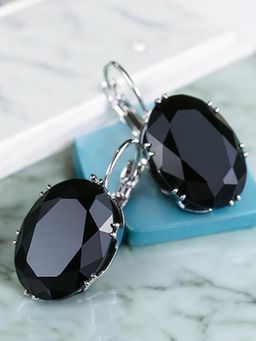 Fabula - Silver Plated Oversized Oval Black Cubic Zirconia Drop Earrings