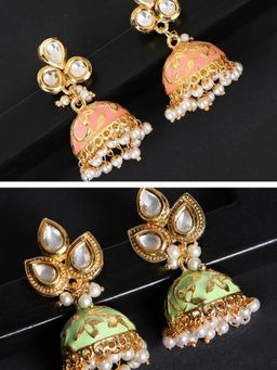 Fabula - Pink & Gold Meenakari Enamel with Kundan & Pearls Ethnic Jhumka-Jhumki Earrings (Set of 2)