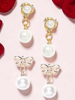 Fabula - Gold Tone White Pearl Delicate Drop Earrings (Set of 2)