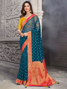 Odette - Teal Banarasi Silk Paisley Designer Saree with Unstitched Blouse