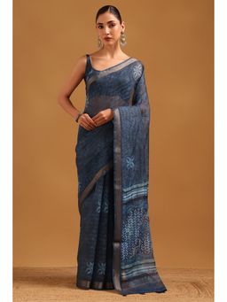 Soch - Blue Chanderi Batik Print Saree with Unstitched Blouse