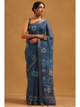 Soch - Blue Chanderi Batik Printed Saree with Unstitched Blouse