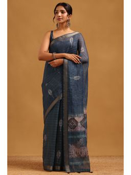 Soch - Blue Chanderi Batik Printed Saree with Unstitched Blouse