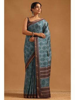 Soch - Blue Chanderi Botanical Saree with Unstitched Blouse