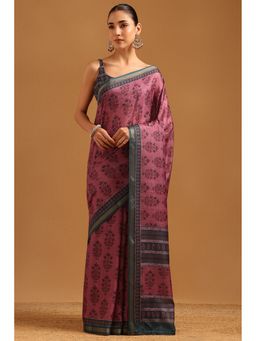 Soch - Onion Pink Chanderi Botanical Saree with Unstitched Blouse