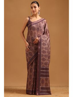 Soch - Earth Brown Chanderi Botanical Saree with Unstitched Blouse