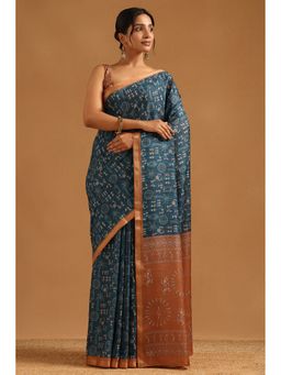 Soch - Blue Chanderi Warli Saree with Unstitched Blouse