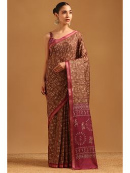 Soch - Earth Brown Chanderi Warli Saree with Unstitched Blouse
