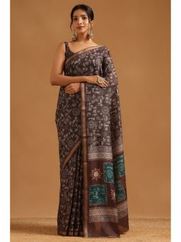 Soch - Earth Brown Chanderi Warli Saree with Unstitched Blouse