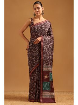 Soch - Brown Chanderi Warli Saree with Unstitched Blouse