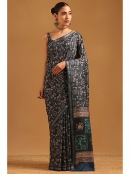 Soch - Blue Chanderi Warli Saree with Unstitched Blouse