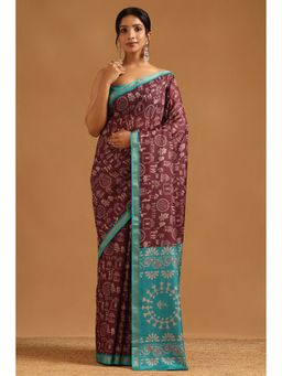 Soch - Wine Chanderi Warli Saree with Unstitched Blouse