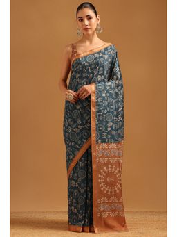 Soch - Blue Chanderi Warli Saree with Unstitched Blouse