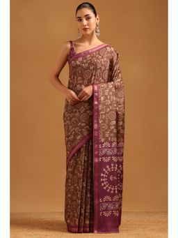 Soch - Earth Brown Chanderi Warli Saree with Unstitched Blouse