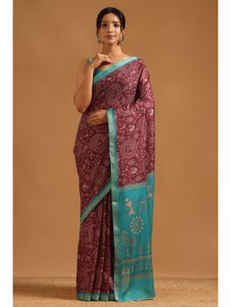 Soch - Wine Chanderi Warli Saree with Unstitched Blouse