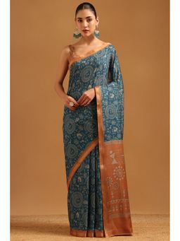 Soch - Blue Chanderi Warli Saree with Unstitched Blouse