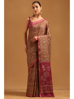 Soch - Earth Brown Chanderi Warli Saree with Unstitched Blouse