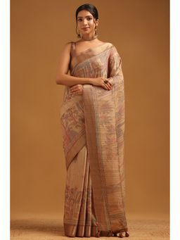 Soch - Beige Tussar Botanical Saree with Unstitched Blouse