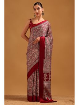 Soch - Maroon Viscose Ajrak Saree with Unstitched Blouse
