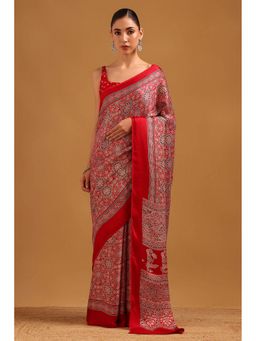 Soch - Red Viscose Ajrak Saree with Unstitched Blouse