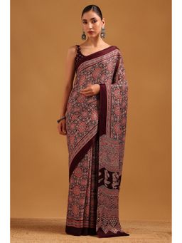 Soch - Brown Viscose Ajrak Saree with Unstitched Blouse