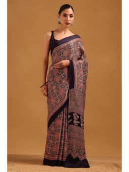 Soch - Navy Blue Viscose Ajrak Saree with Unstitched Blouse
