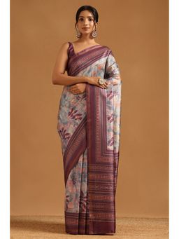 Soch - Grey Art Silk Botanical Saree with Unstitched Blouse