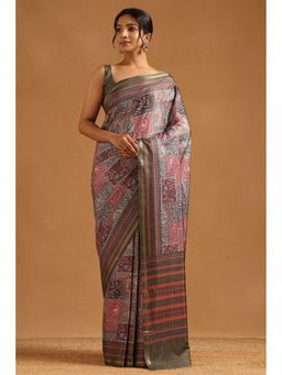 Soch - Olive Art Silk Botanical Saree with Unstitched Blouse