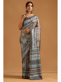 Soch - Olive Art Silk Botanical Saree with Unstitched Blouse