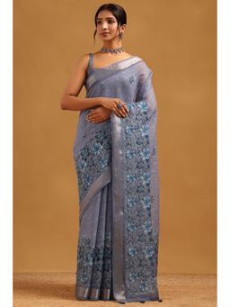 Soch - Blue Linen Botanical Printed Saree with Unstitched Blouse