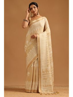 Soch - Light Beige Art Silk Botanical Saree with Unstitched Blouse