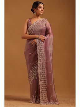 Soch - Purple Tissue Embellished Saree with Unstitched Blouse