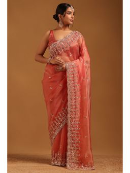 Soch - Rust Tissue Embellished Saree with Unstitched Blouse