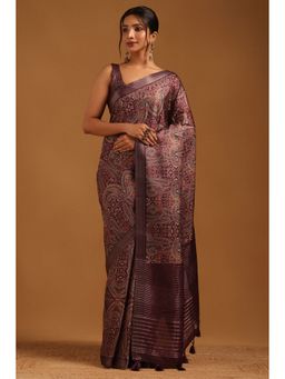 Soch - Purple Tussar Paisley Printed Saree with Unstitched Blouse