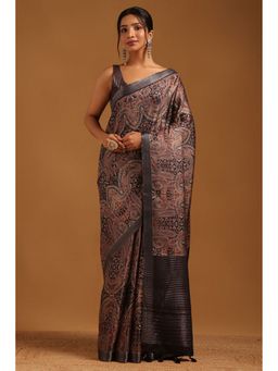 Soch - Black Tussar Paisley Printed Saree with Unstitched Blouse