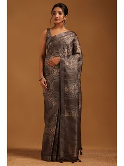 Soch - Charcoal Tussar Ethnic Motifs Saree with Unstitched Blouse