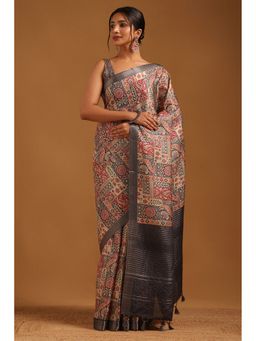 Soch - Charcoal Tussar Botanical Saree with Unstitched Blouse