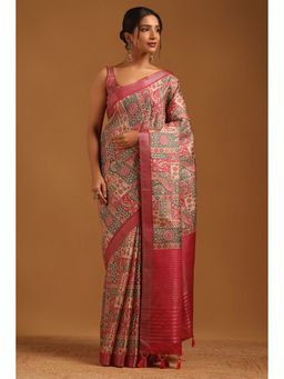 Soch - Pink Tussar Botanical Saree with Unstitched Blouse