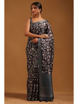 Soch - Navy Blue Tussar Floral Printed Saree with Unstitched Blouse