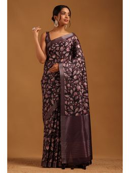 Soch - Purple Tussar Floral Saree with Unstitched Blouse