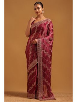 Soch - Pink Botanical Zari Embroidered Saree with Unstitched Blouse
