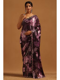 Soch - Purple Satin Floral Saree with Unstitched Blouse