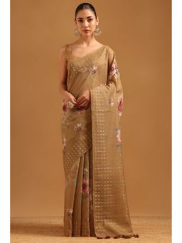 Soch - Earth Brown Linen Botanical Saree with Unstitched Blouse