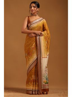 Soch - Mustard Viscose Blend Bandhani Saree with Unstitched Blouse