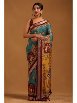 Soch - Blue Viscose Blend Botanical Saree with Unstitched Blouse