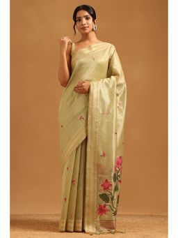 Soch - Light Green Tissue Madhubani Saree with Unstitched Blouse