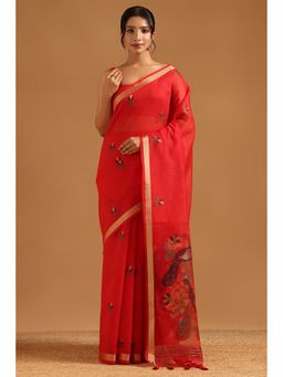 Soch - Red Chanderi Woven Design Saree with Unstitched Blouse