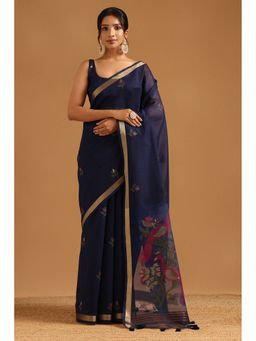Soch - Navy Blue Chanderi Woven Design Saree with Unstitched Blouse