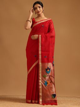 Soch - Red Organza Woven Design Saree with Unstitched Blouse